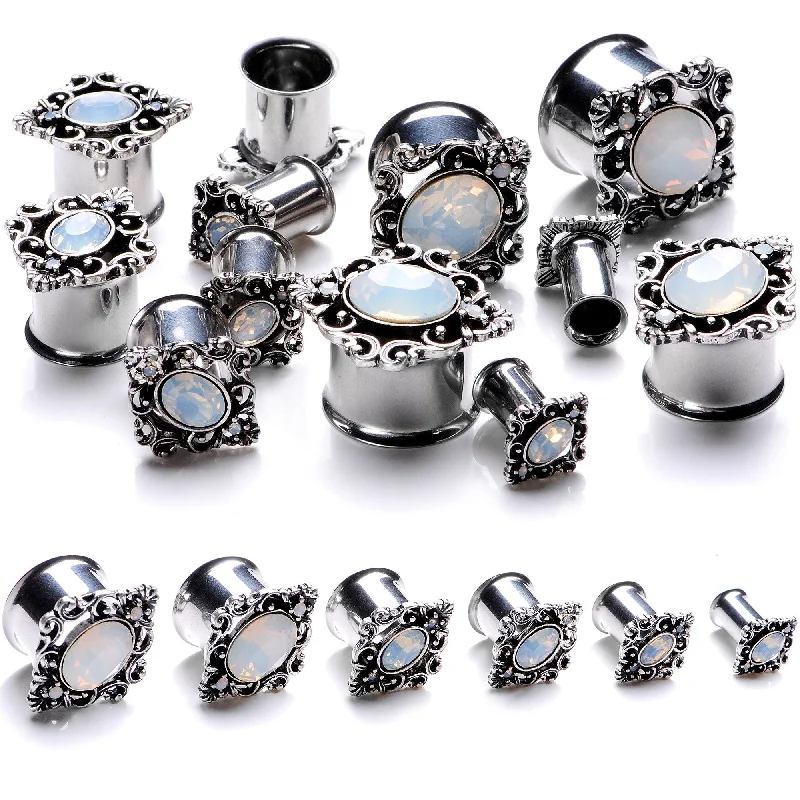 Women's Earrings – Elegant Designs for Every Personality--White Gem Victorian Era Double Flare Plug Set Sizes 6mm to 16mm