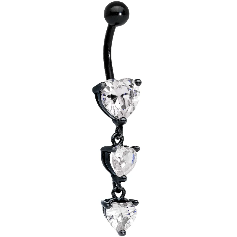 Trendy Belly Rings for Every Fashionista -Clear CZ Gem Black Triple Heart Dangle Belly Ring Trendy Belly Rings for Every Fashionista -Clear CZ Gem Black Triple Heart Dangle Belly Ring