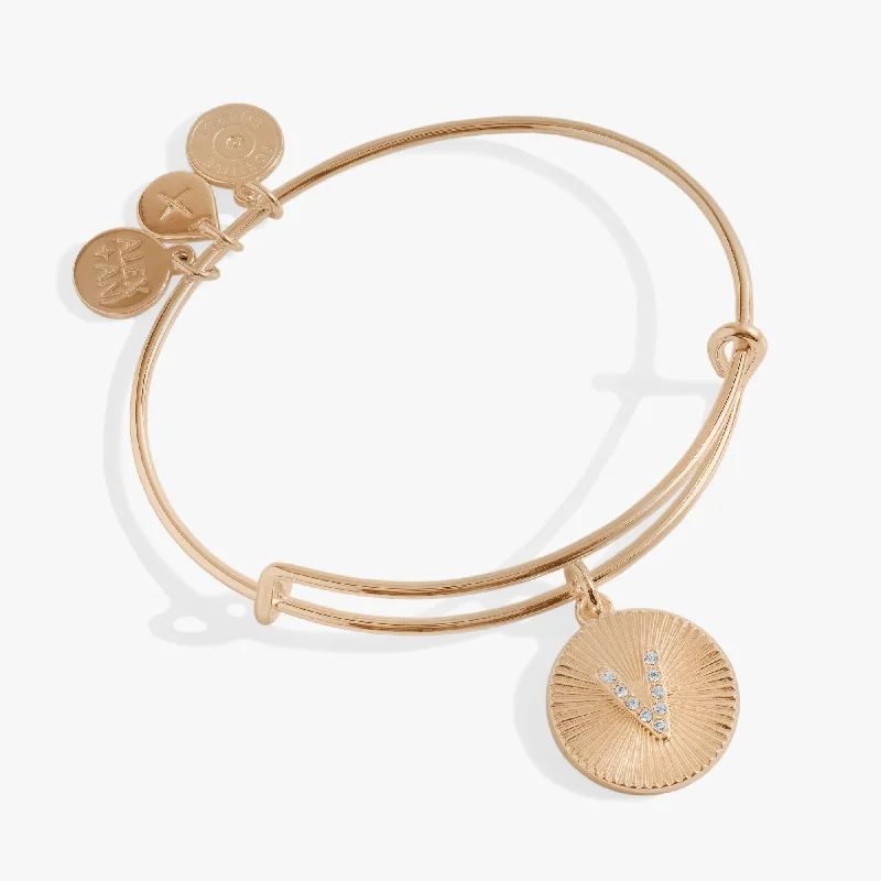 Gold Bangle Bracelets for Women-Initial V Pave Starburst Texture Bangle