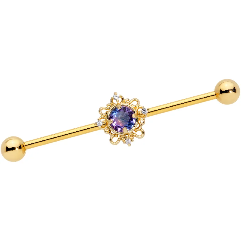Women's Earrings – Elegant Designs for Every Personality--14 Gauge Purple Tourmaline Gold Tone Filigree Industrial Barbell 38mm Women's Earrings – Elegant Designs for Every Personality--14 Gauge Purple Tourmaline Gold Tone Filigree Industrial Barbell 38mm