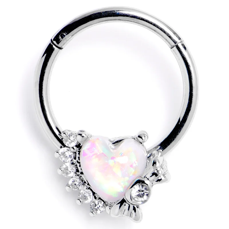 Nose Rings for Men and Women -16 Gauge 3/8 White Faux Opal Sunny Heart Hinged Segment Ring Nose Rings for Men and Women -16 Gauge 3/8 White Faux Opal Sunny Heart Hinged Segment Ring