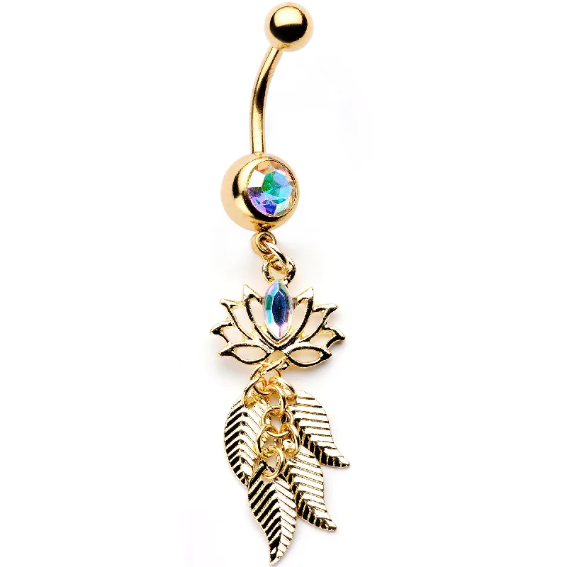 Comfortable Belly Rings for Active Use -Aurora Gem Gold Tone Anodized Leafy Lotus Flower Dangle Belly Ring Comfortable Belly Rings for Active Use -Aurora Gem Gold Tone Anodized Leafy Lotus Flower Dangle Belly Ring