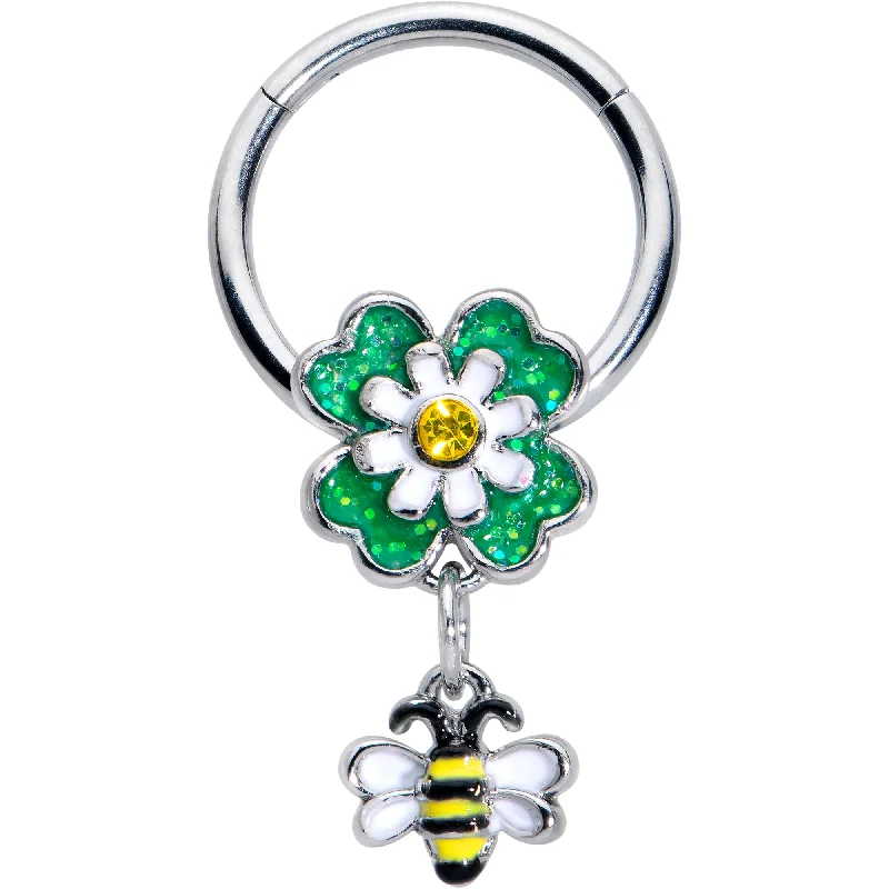 Women's Earrings – Elegant Designs for Every Personality--16 Gauge 3/8 Yellow Gem Daisy Bee Glitter Dangle Hinged Segment Ring