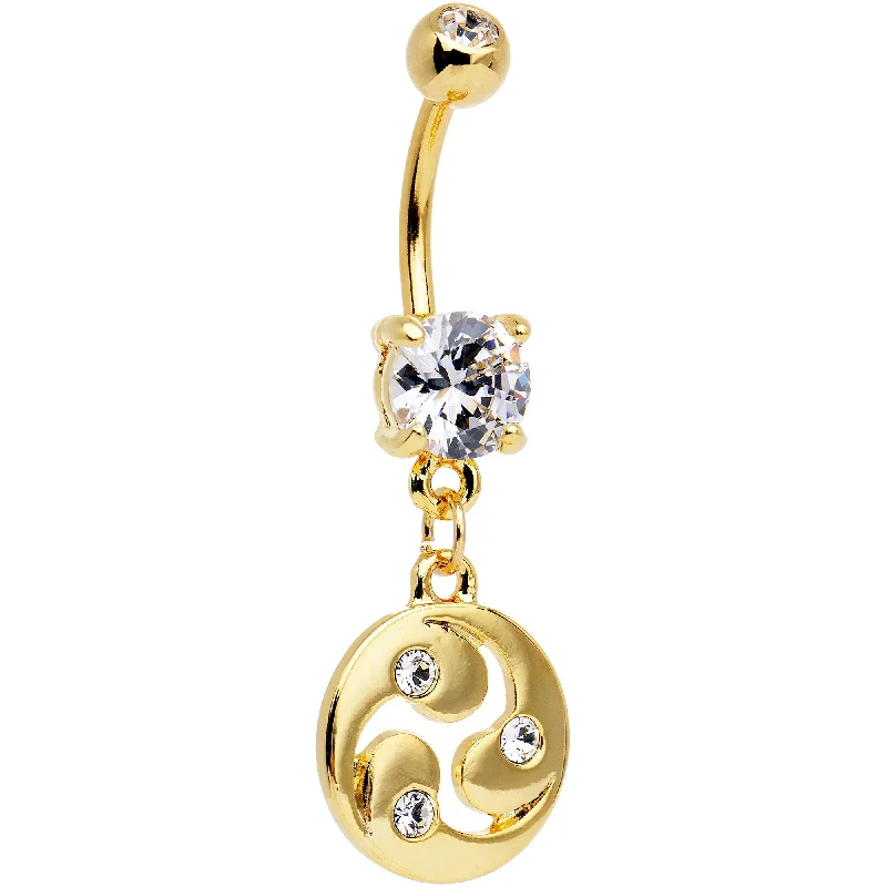 Comfortable Belly Rings with Sleek Design -Clear CZ Gem Gold PVD Triskele Spiral Dangle Belly Ring Comfortable Belly Rings with Sleek Design -Clear CZ Gem Gold PVD Triskele Spiral Dangle Belly Ring