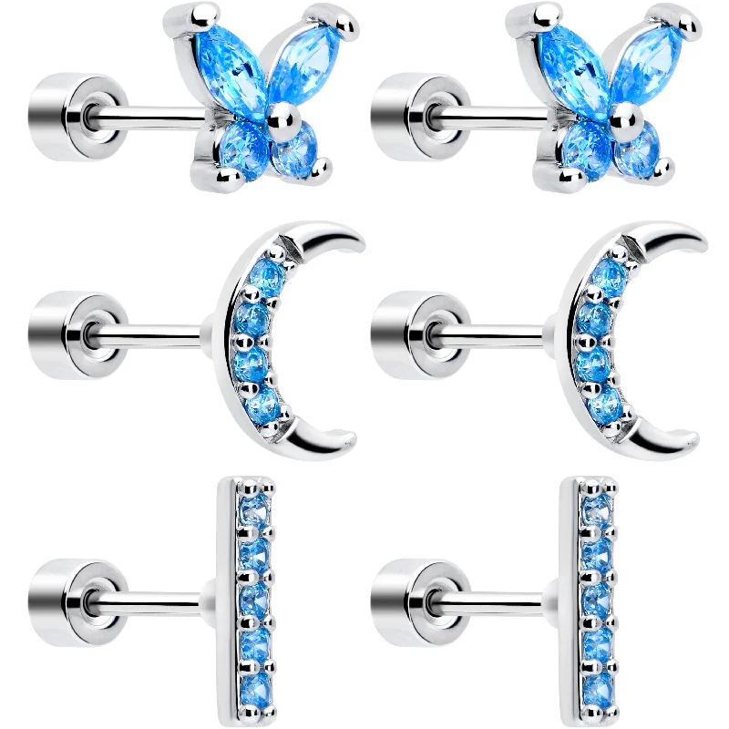 Women's Earrings – Elegant Designs for Every Personality--Blue CZ Celestial Butterfly Flat Back Stud Earrings - 3 Pairs