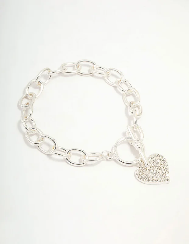 Stackable Bangles for Women-Diamante Heart Silver T & O Bracelet
