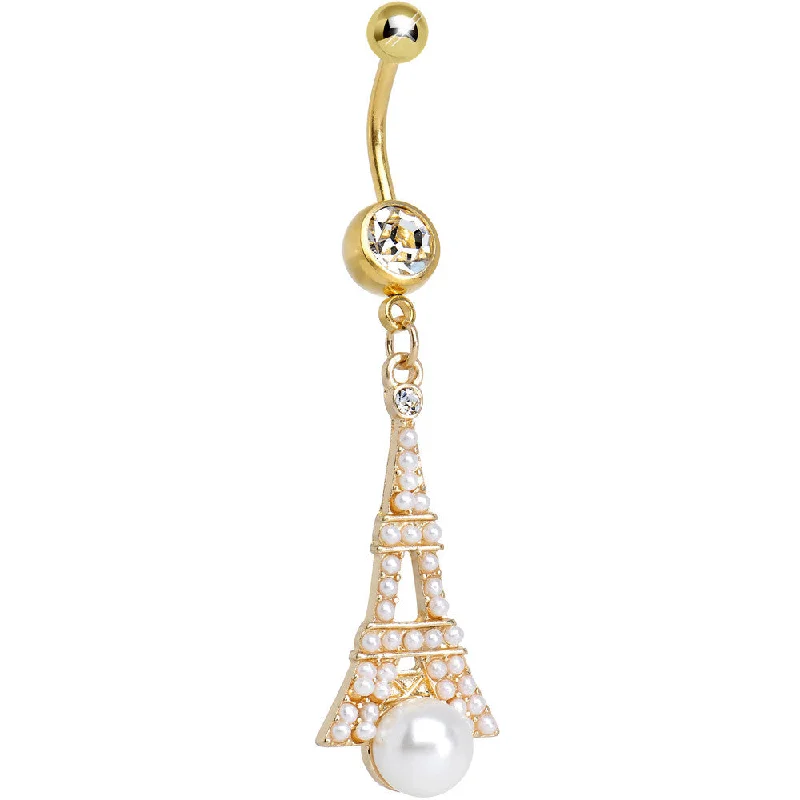 Bold Belly Rings for Statement Fashion -Clear Gem Faux Pearl Gold Plated Ornate Eiffel Tower Dangle Belly Ring Bold Belly Rings for Statement Fashion -Clear Gem Faux Pearl Gold Plated Ornate Eiffel Tower Dangle Belly Ring