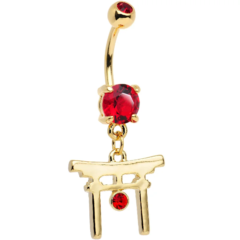 Stylish Belly Rings for Bold Fashion Choices -Red CZ Gem Gold PVD Japanese Gate Dangle Belly Ring Stylish Belly Rings for Bold Fashion Choices -Red CZ Gem Gold PVD Japanese Gate Dangle Belly Ring