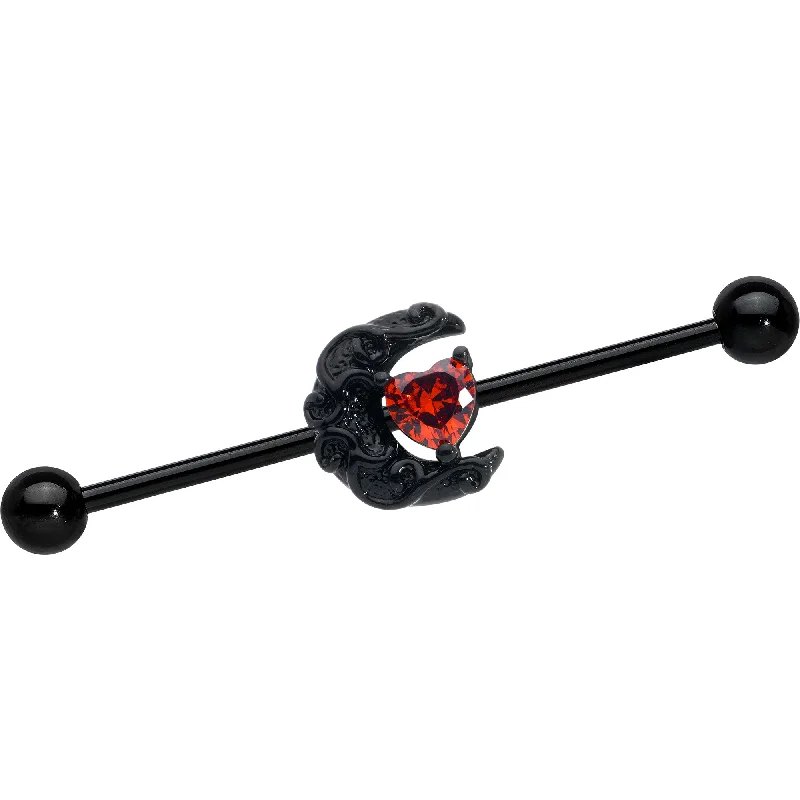 Women's Earrings – Elegant Designs for Every Personality--14 Gauge Red CZ Gem Black Scroll Moon Heart Industrial Barbell 38mm