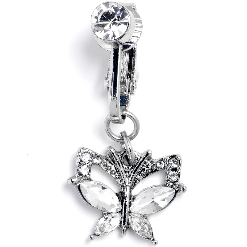 Designer Belly Rings with Sparkling Stones -Clear CZ Gem Butterfly Bling Dangle Clip on Fake Belly Ring Designer Belly Rings with Sparkling Stones -Clear CZ Gem Butterfly Bling Dangle Clip on Fake Belly Ring