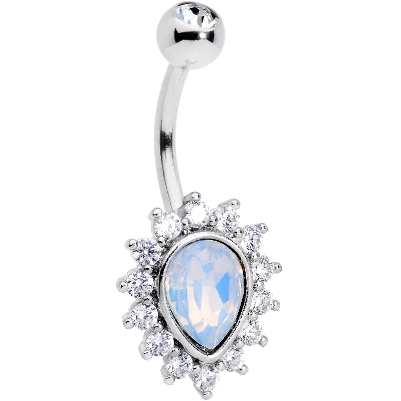 Stylish Belly Rings with Subtle Beauty -Clear CZ Gem White Faux Opal Fire Teardrop Belly Ring