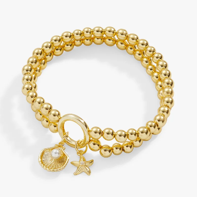 Women's Gold Bangle Bracelets-Shell + Starfish Double Stretch Bracelet