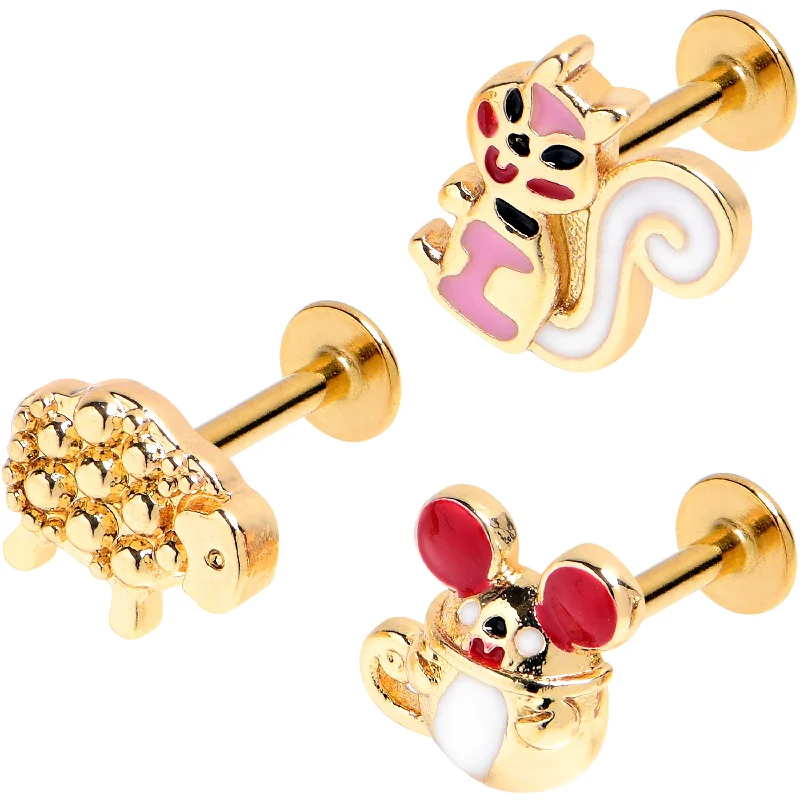 Bold Lip Rings with Gemstone Touch16 Gauge 5/16 Gold Tone Pretty Critters Labret Monroe Tragus Set of 3
