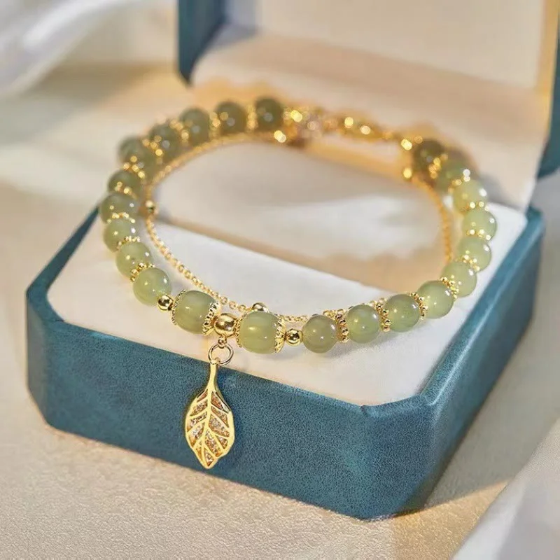 Gold Tone Bangles for Women-Buddha Stones Jade Leaf Ginkgo Tulip Peanut Fu Character Luck Beaded Bracelet Gold Tone Bangles for Women-Buddha Stones Jade Leaf Ginkgo Tulip Peanut Fu Character Luck Beaded Bracelet