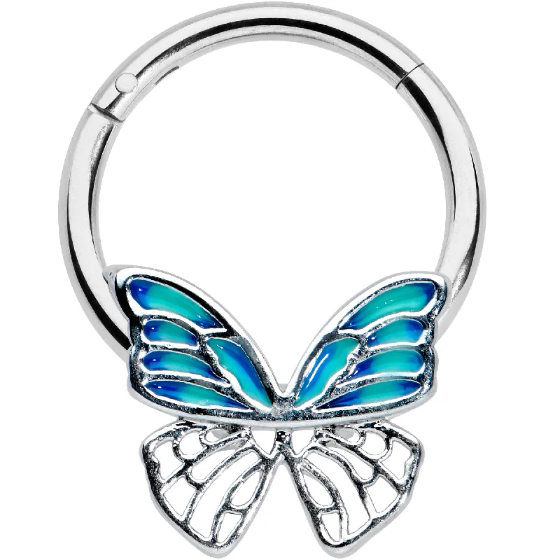 Nose Rings for Trendsetting Fashion -16 Gauge 3/8 Simple Blue Butterfly Wings Hinged Segment Ring Nose Rings for Trendsetting Fashion -16 Gauge 3/8 Simple Blue Butterfly Wings Hinged Segment Ring