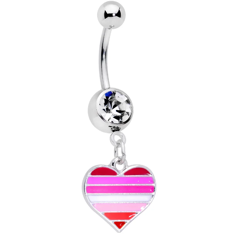 Designer Belly Rings with Artistic Features -Clear Gem Lesbian Pride Heart Dangle Belly Ring Designer Belly Rings with Artistic Features -Clear Gem Lesbian Pride Heart Dangle Belly Ring