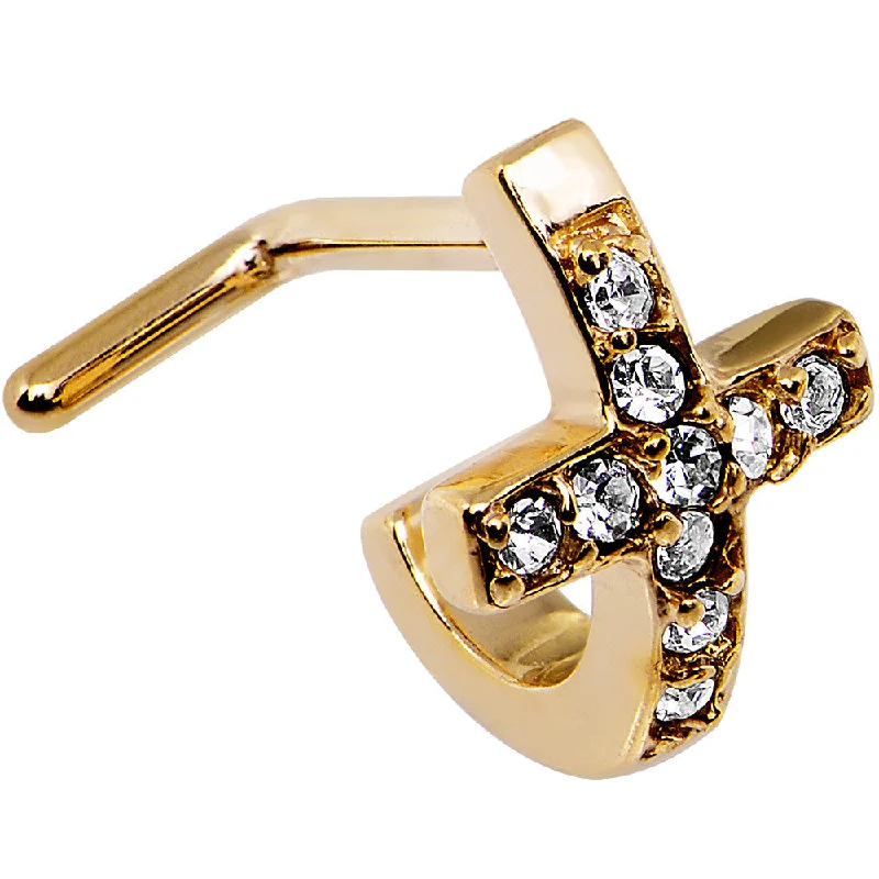 Nose Rings with Artistic Motifs -18 Gauge Clear Gem Gold PVD Cross Faux Hoop L Shaped Nose Ring Nose Rings with Artistic Motifs -18 Gauge Clear Gem Gold PVD Cross Faux Hoop L Shaped Nose Ring