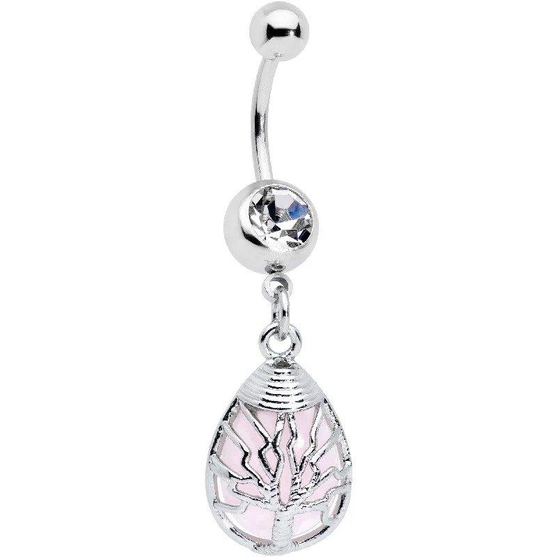 Comfortable Belly Rings for Trendy Looks -Rose Quartz Drop Tree Dangle Belly Ring