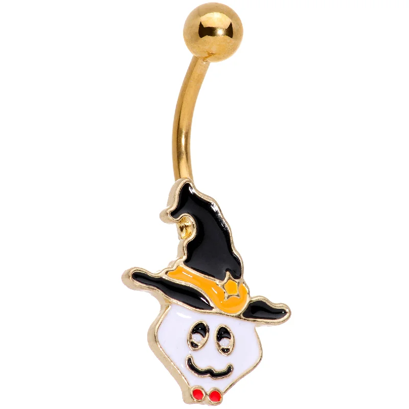Comfortable Belly Rings for Casual Wear -Gold Tone Spooky Ghost Witch Hat Halloween Belly Ring