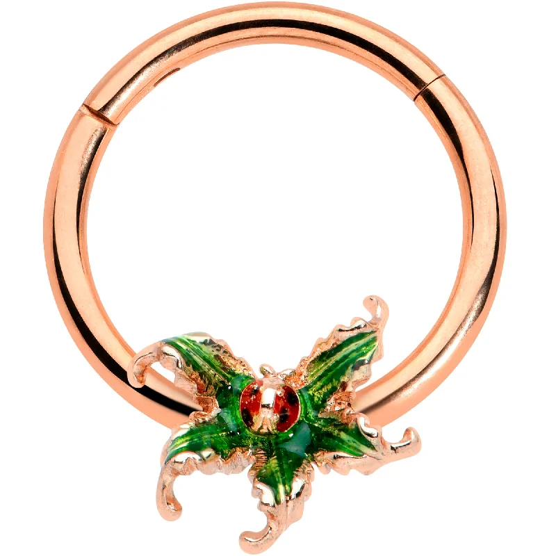 Fashionable Nose Rings with Luxurious Appeal -16 Gauge 3/8 Rose Gold Tone Tiny Ladybug Leaves Hinged Segment Ring Fashionable Nose Rings with Luxurious Appeal -16 Gauge 3/8 Rose Gold Tone Tiny Ladybug Leaves Hinged Segment Ring