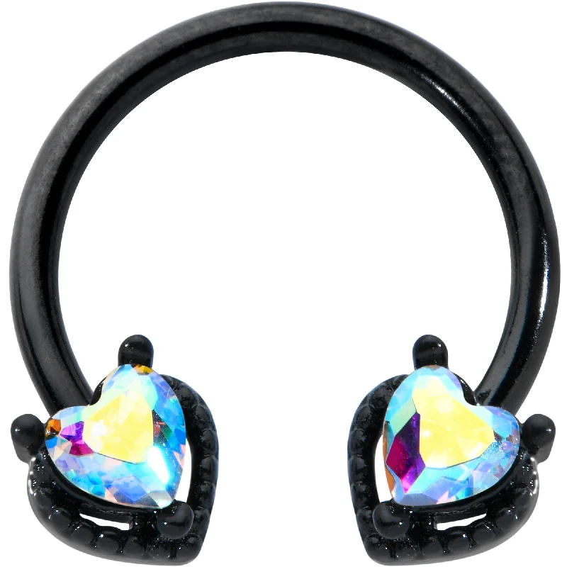 Women's Earrings – Elegant Designs for Every Personality--16 Gauge 3/8 Aurora Gem Black Heart Ends Horseshoe Circular Barbell
