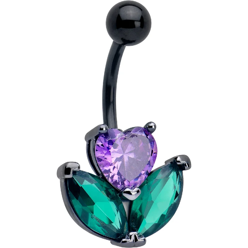 Stunning Belly Rings for Special Occasions -Purple Green CZ Gem Black Love Flower Belly Ring Stunning Belly Rings for Special Occasions -Purple Green CZ Gem Black Love Flower Belly Ring