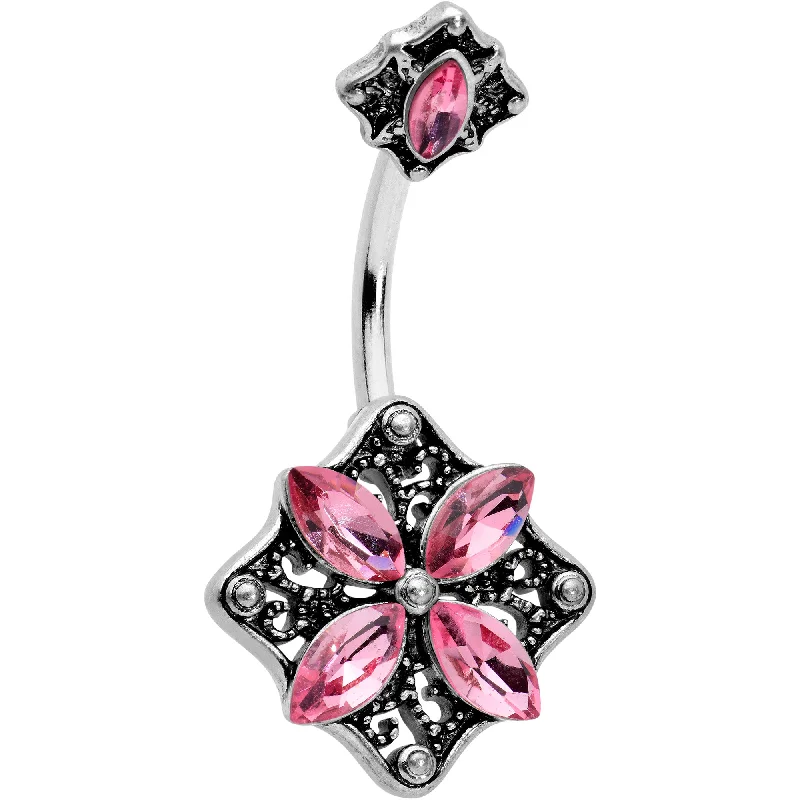 Custom Belly Rings for Personal Touch -Pink Gem Baroque Rhombus Flower Double Mount Belly Ring Custom Belly Rings for Personal Touch -Pink Gem Baroque Rhombus Flower Double Mount Belly Ring