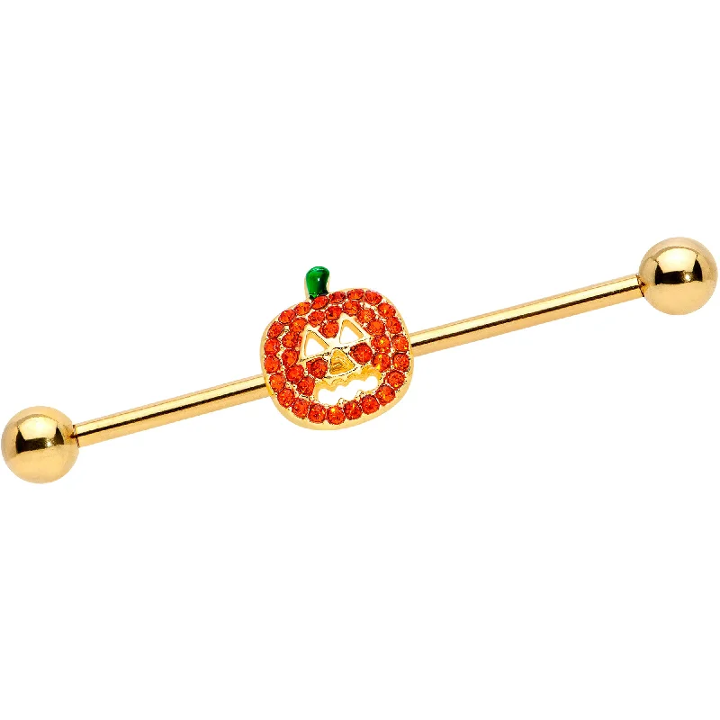 Women's Earrings – Elegant Designs for Every Personality--14 Gauge Orange Gem Gold Tone Jack O Lantern Industrial Barbell 38mm