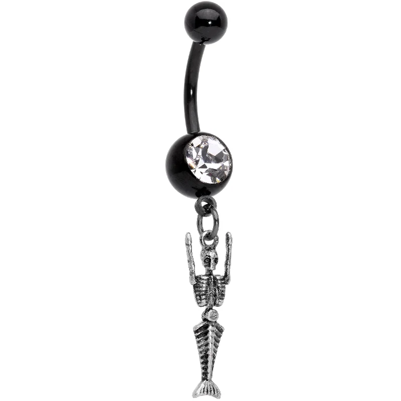 Stylish Belly Rings for Bold Fashion Choices -Clear Gem Black PVD Mermaid Skeleton Halloween Dangle Belly Ring Stylish Belly Rings for Bold Fashion Choices -Clear Gem Black PVD Mermaid Skeleton Halloween Dangle Belly Ring