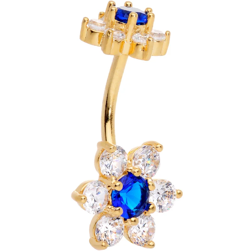 Belly Rings with Glittering Stones for Extra Shine -Blue Clear CZ Gem Gold Tone Double Flower Delight Double Mount Belly Ring Belly Rings with Glittering Stones for Extra Shine -Blue Clear CZ Gem Gold Tone Double Flower Delight Double Mount Belly Ring