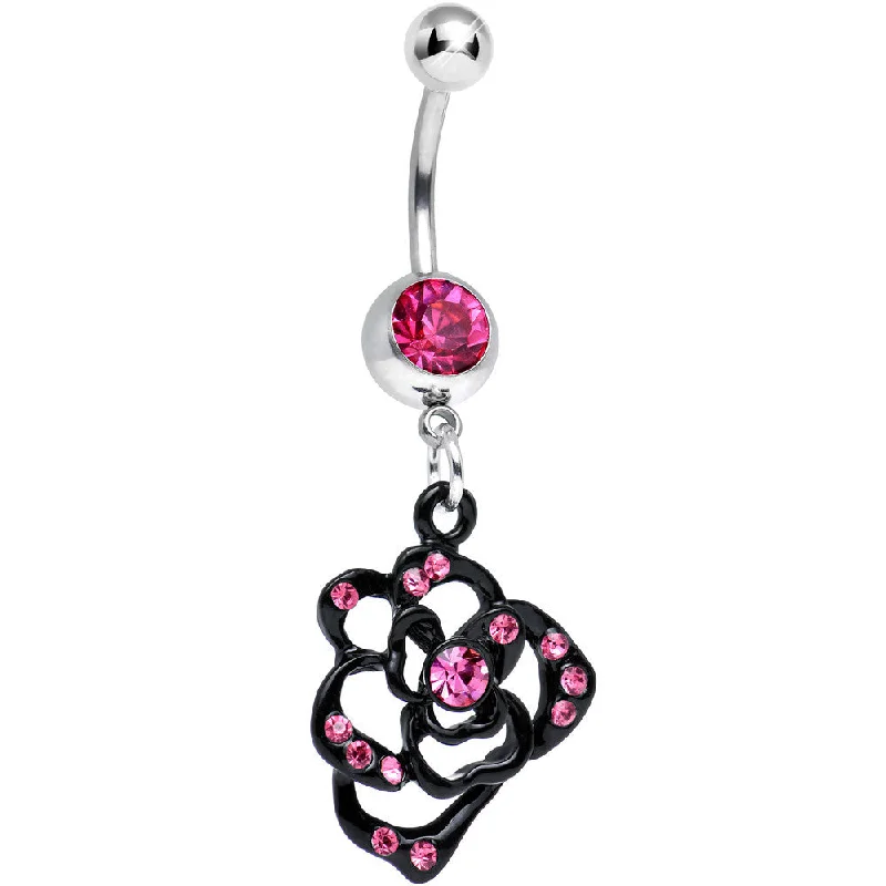 Belly Rings with Stone Detailing for Bold Looks -Pink Gem Dark and Heavenly Hollow Rose Flower Dangle Belly Ring Belly Rings with Stone Detailing for Bold Looks -Pink Gem Dark and Heavenly Hollow Rose Flower Dangle Belly Ring