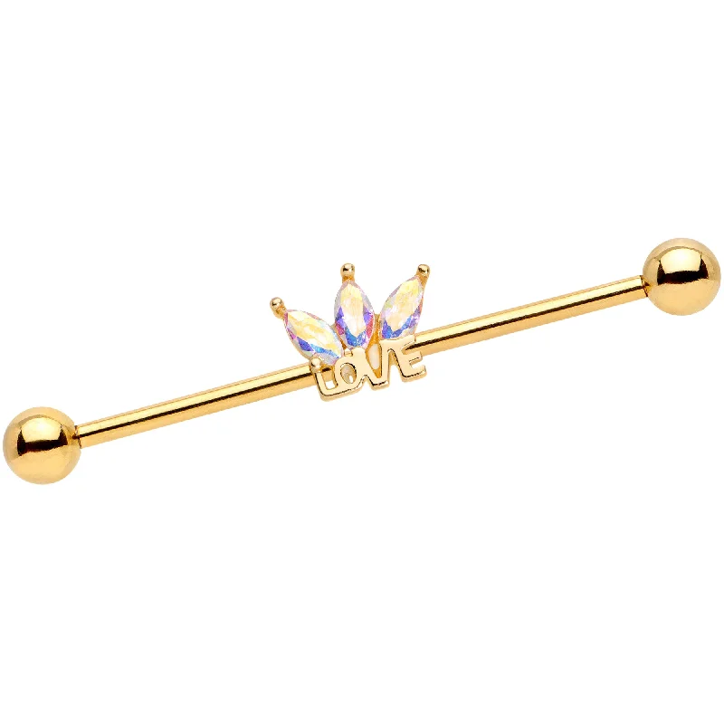 Women's Earrings – Elegant Designs for Every Personality--14 Gauge Aurora Gem Gold Tone Crown Love Industrial Barbell 38mm