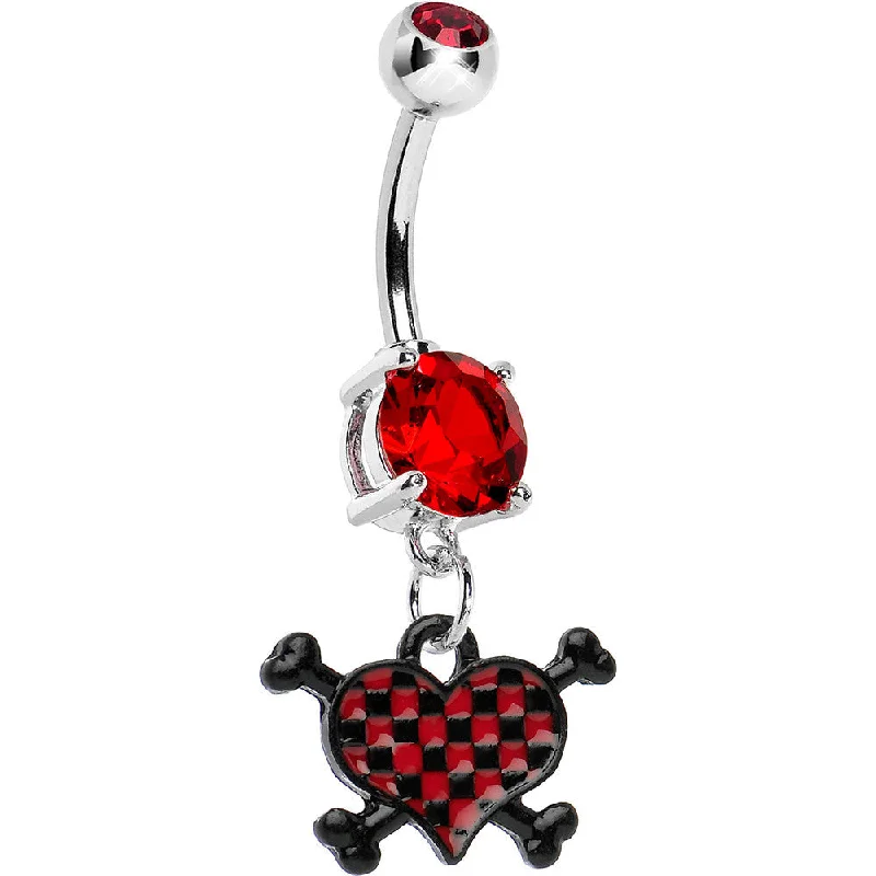 Custom Belly Rings for Exclusive Appeal -Red Checkered Heart and Crossbones Belly Ring Custom Belly Rings for Exclusive Appeal -Red Checkered Heart and Crossbones Belly Ring