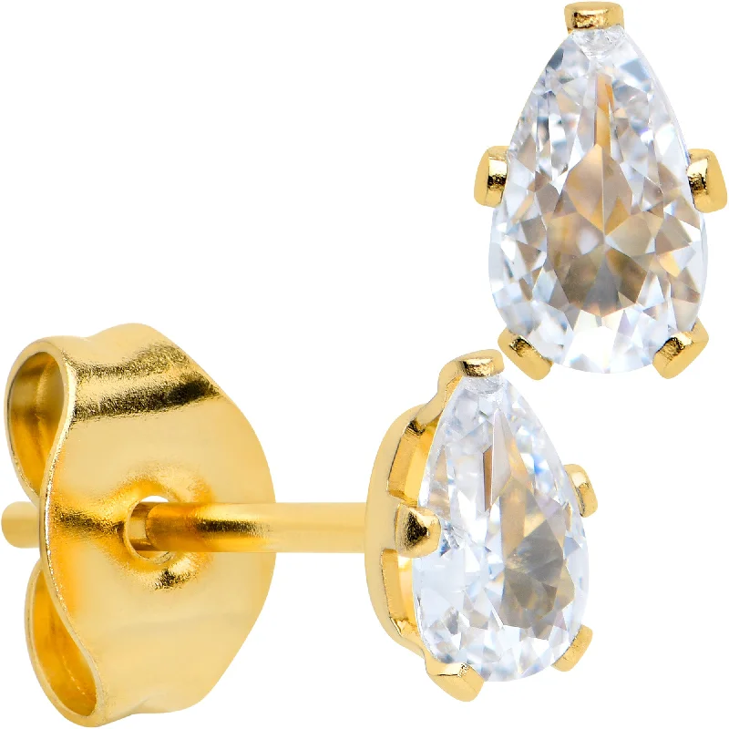 Women's Earrings – Elegant Designs for Every Personality--CZ Teardrop Clear Gold Tone Stainless Steel Stud Earrings 3mm to 7mm