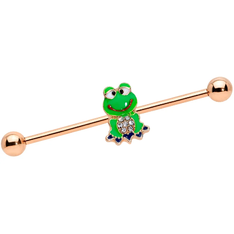 Women's Earrings – Elegant Designs for Every Personality--14 Gauge Clear Gem Rose Gold Tone Green Frog Industrial Barbell 38mm