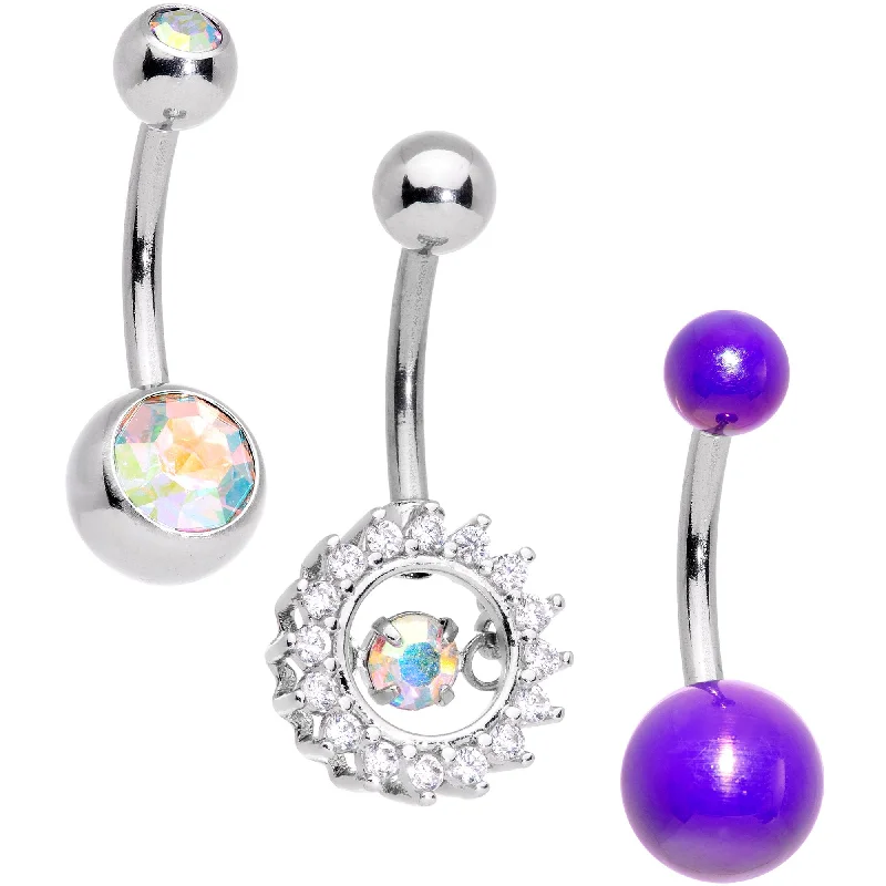 Comfortable Belly Rings for Exclusive Fashion -Clear Aurora Gem Purple Pearlescent Fashion Belly Ring Set of 3 Comfortable Belly Rings for Exclusive Fashion -Clear Aurora Gem Purple Pearlescent Fashion Belly Ring Set of 3