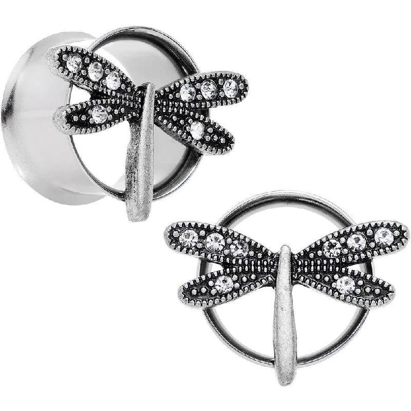 Women's Earrings – Elegant Designs for Every Personality--5/8 Clear Gem Steel Hi Sky Dragonfly Double Flare Tunnel Plug Set