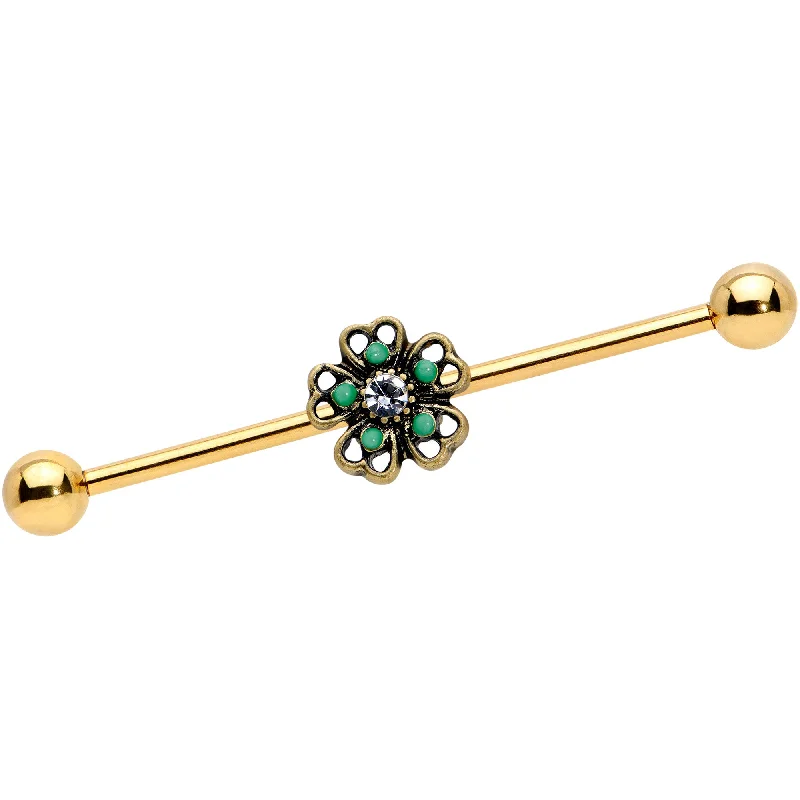 Women's Earrings – Elegant Designs for Every Personality--14 Gauge Gold Tone Green Flower St Patricks Industrial Barbell 38mm
