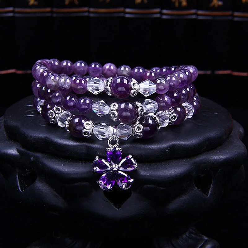 Beaded Bracelets with Silver Details for Men-Buddha Stones Tibetan Amethyst Blessing Bracelet