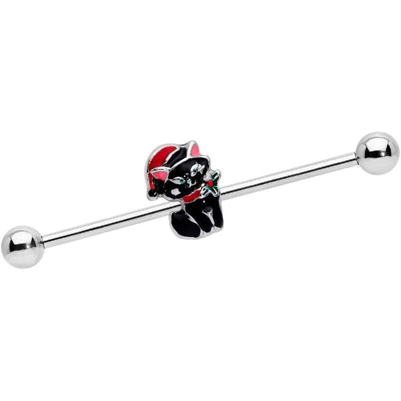 Women's Earrings – Elegant Designs for Every Personality--14 Gauge Black Cat Santa Hat Christmas Industrial Barbell 38mm