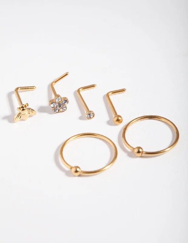 Nose Rings for Concert Look -Gold Surgical Steel Flower & Bee Nose Stud 6-Pack