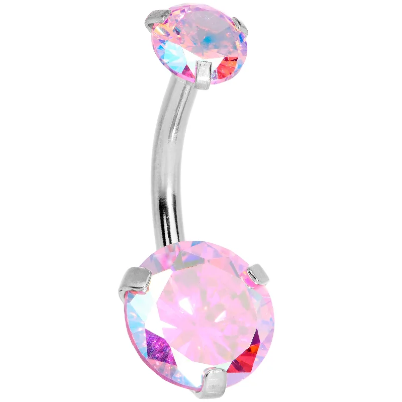 Simple Belly Rings for Clean and Elegant Look -Pink CZ Gem Duo Internally Threaded Belly Ring Simple Belly Rings for Clean and Elegant Look -Pink CZ Gem Duo Internally Threaded Belly Ring