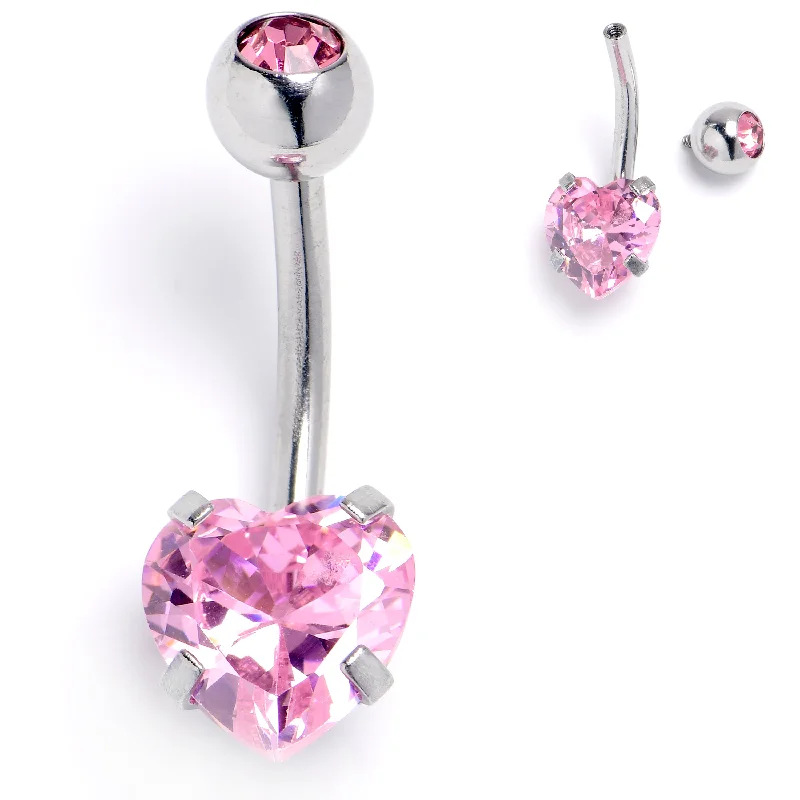 Comfortable Belly Rings with Vibrant Detailing -Pink CZ Gem Heart Internally Threaded Belly Ring Comfortable Belly Rings with Vibrant Detailing -Pink CZ Gem Heart Internally Threaded Belly Ring