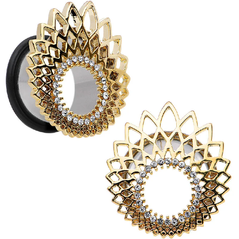 Women's Earrings – Elegant Designs for Every Personality--18mm Clear Gem Golden Gala Feather Single Flare Tunnel Plug Set Women's Earrings – Elegant Designs for Every Personality--18mm Clear Gem Golden Gala Feather Single Flare Tunnel Plug Set