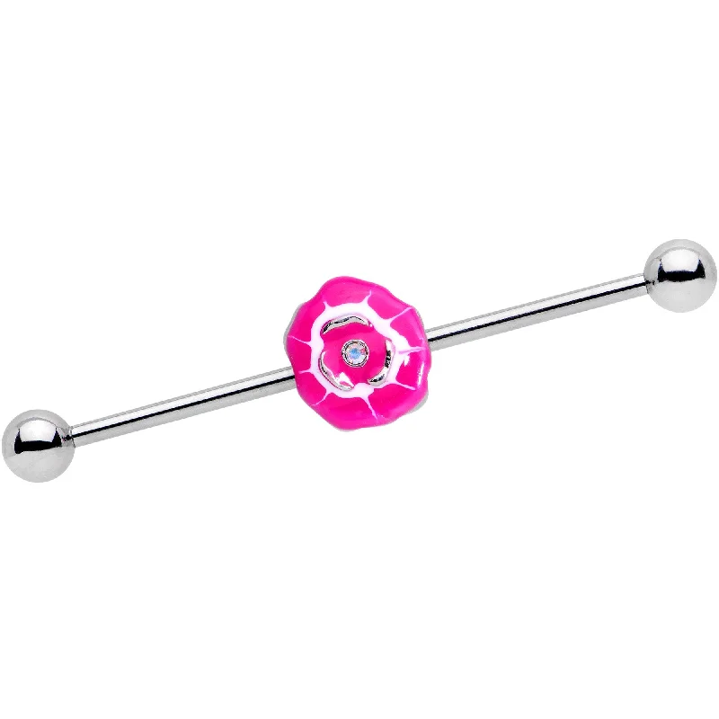 Women's Earrings – Elegant Designs for Every Personality--14 Gauge Clear Gem Pink Anemone Flower Industrial Barbell 38mm