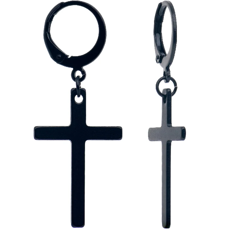 Women's Earrings – Elegant Designs for Every Personality--Black Stainless Steel Hinged Huggie Hoop Cross Dangle Earrings
