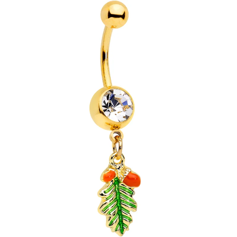Trendy Belly Rings with Bold Details -Clear Gem Gold Tone Acorns Pine Cone Autumn Dangle Belly Ring Trendy Belly Rings with Bold Details -Clear Gem Gold Tone Acorns Pine Cone Autumn Dangle Belly Ring