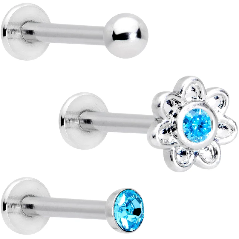 Lip Rings for Edgy Fashion16 Gauge Blue Gem Flower Internally Threaded Labret Set of 3