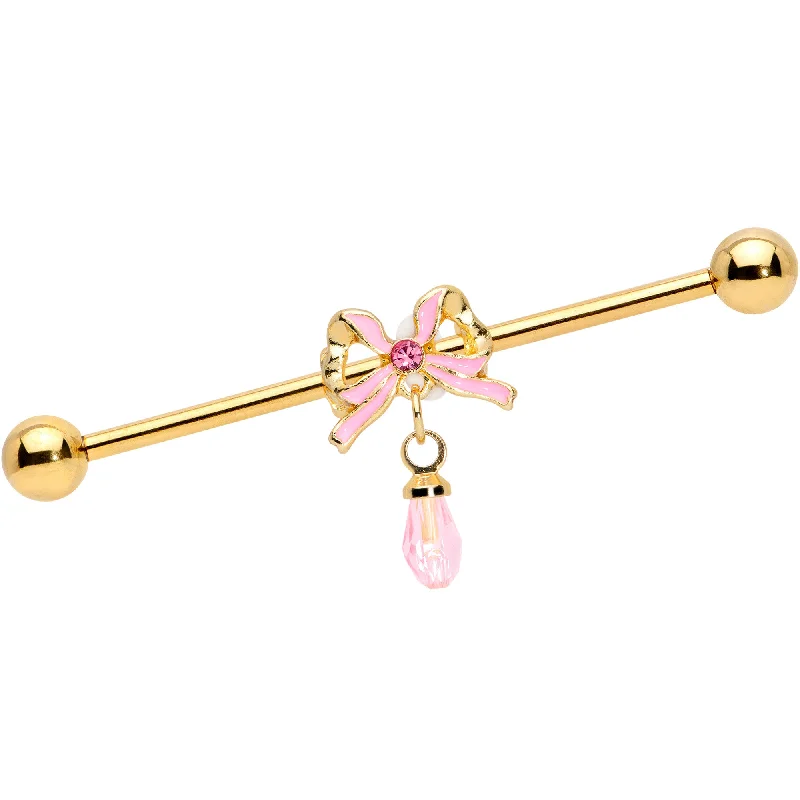 Women's Earrings – Elegant Designs for Every Personality--14 Gauge Pink Gem Gold Tone Bow Dangle Industrial Barbell 38mm