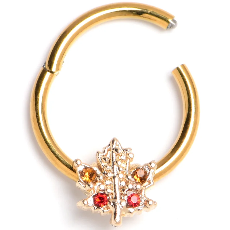 Bold Nose Rings for Trendy Look -16 Gauge 3/8 Red Yellow Gem Gold Tone Maple Leaf Hinged Segment Ring Bold Nose Rings for Trendy Look -16 Gauge 3/8 Red Yellow Gem Gold Tone Maple Leaf Hinged Segment Ring